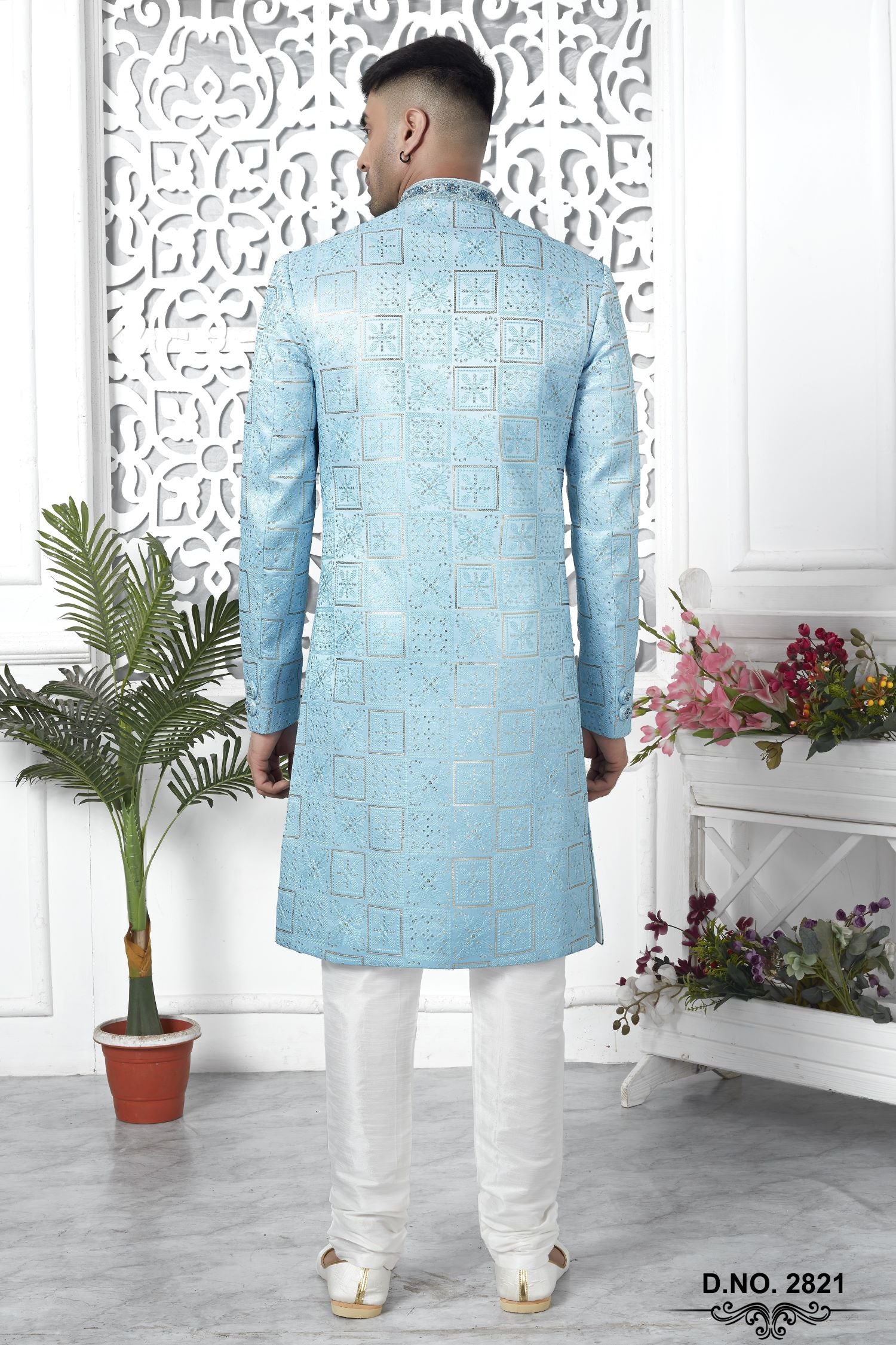 Baby Blue Art Silk Sherwani for Men Wedding