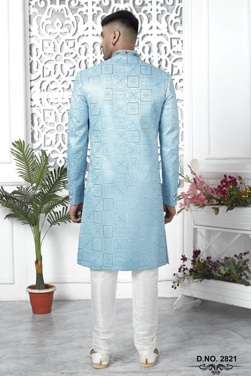 Baby Blue Art Silk Sherwani for Men Wedding