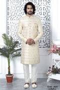 Beige Art Silk Sherwani for Men Wedding with Embroidery