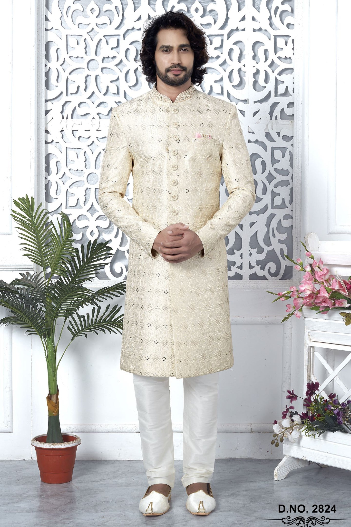 Beige Art Silk Sherwani for Men Wedding with Embroidery