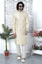 Beige Art Silk Sherwani for Men Wedding with Embroidery