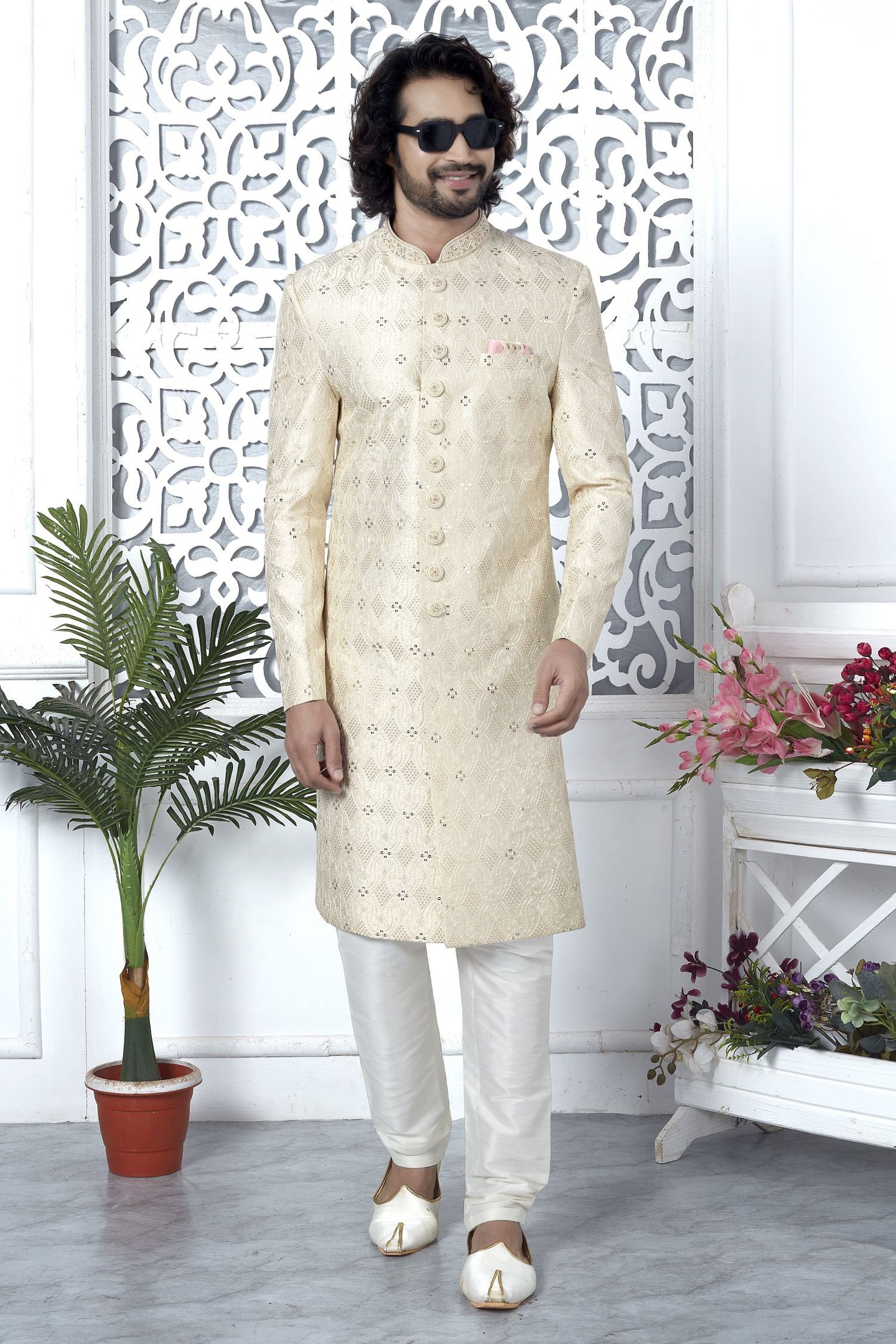 Beige Art Silk Sherwani for Men Wedding with Embroidery