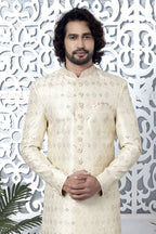 Beige Art Silk Sherwani for Men Wedding with Embroidery