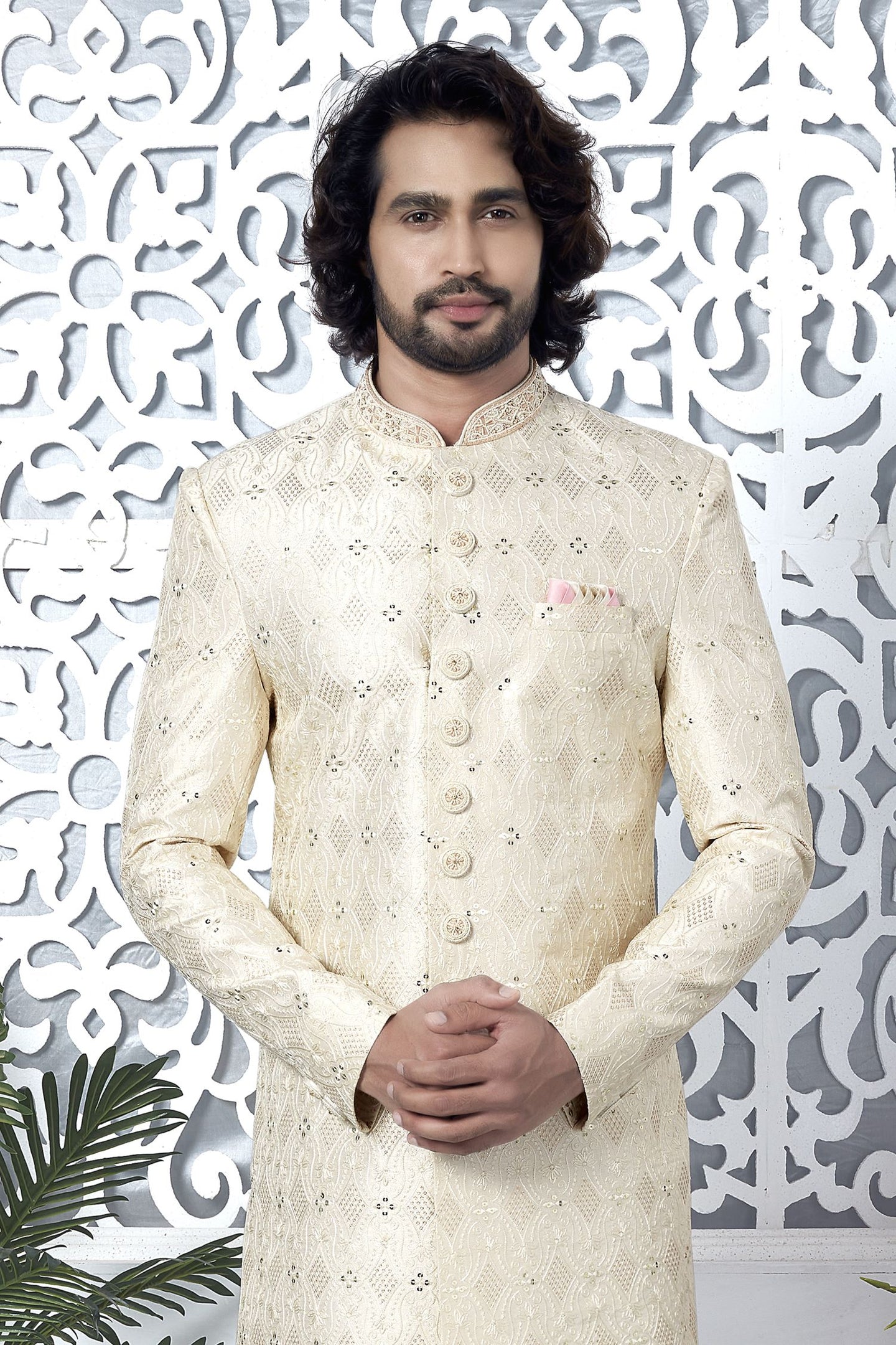 Beige Art Silk Sherwani for Men Wedding with Embroidery