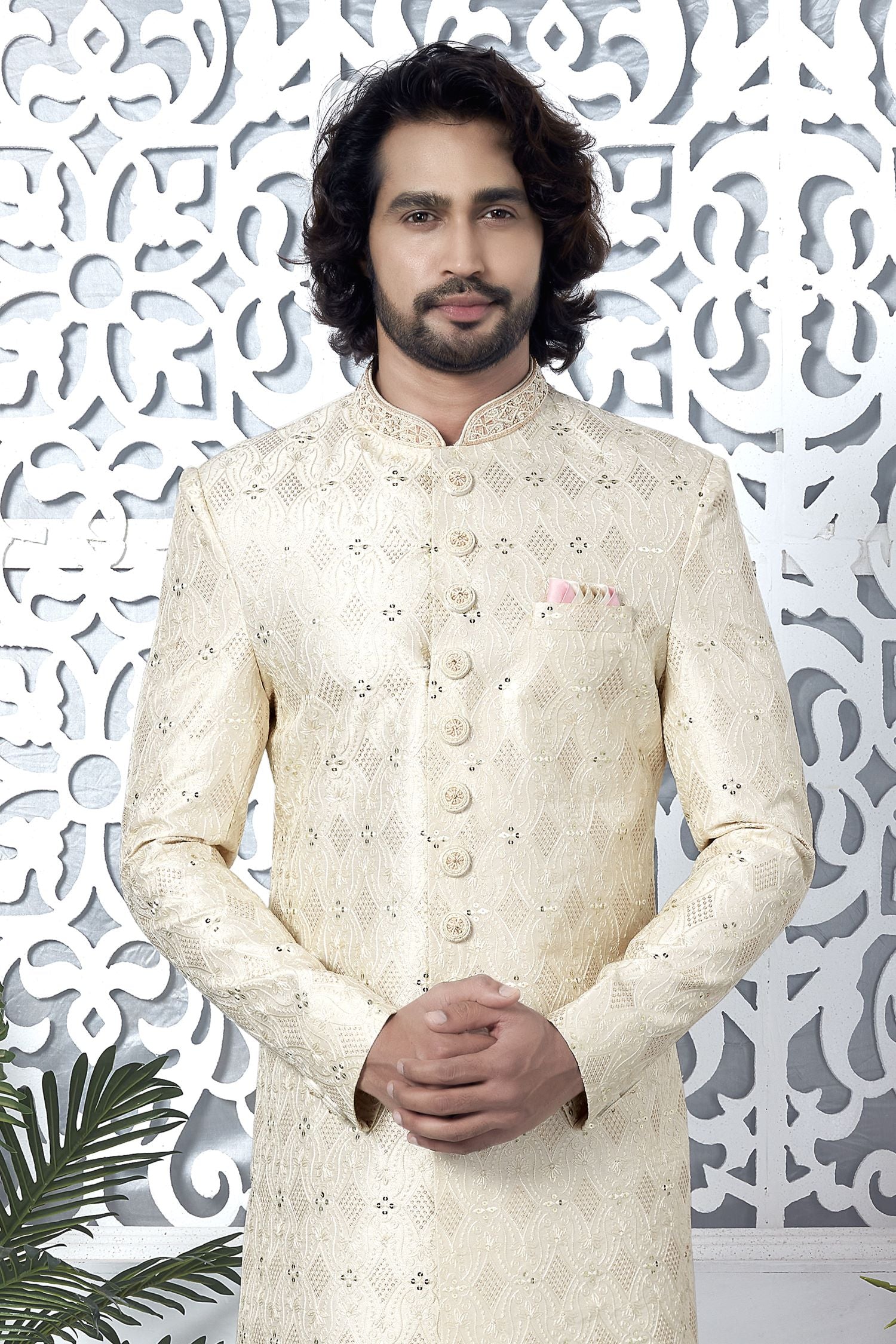 Beige Art Silk Sherwani for Men Wedding with Embroidery