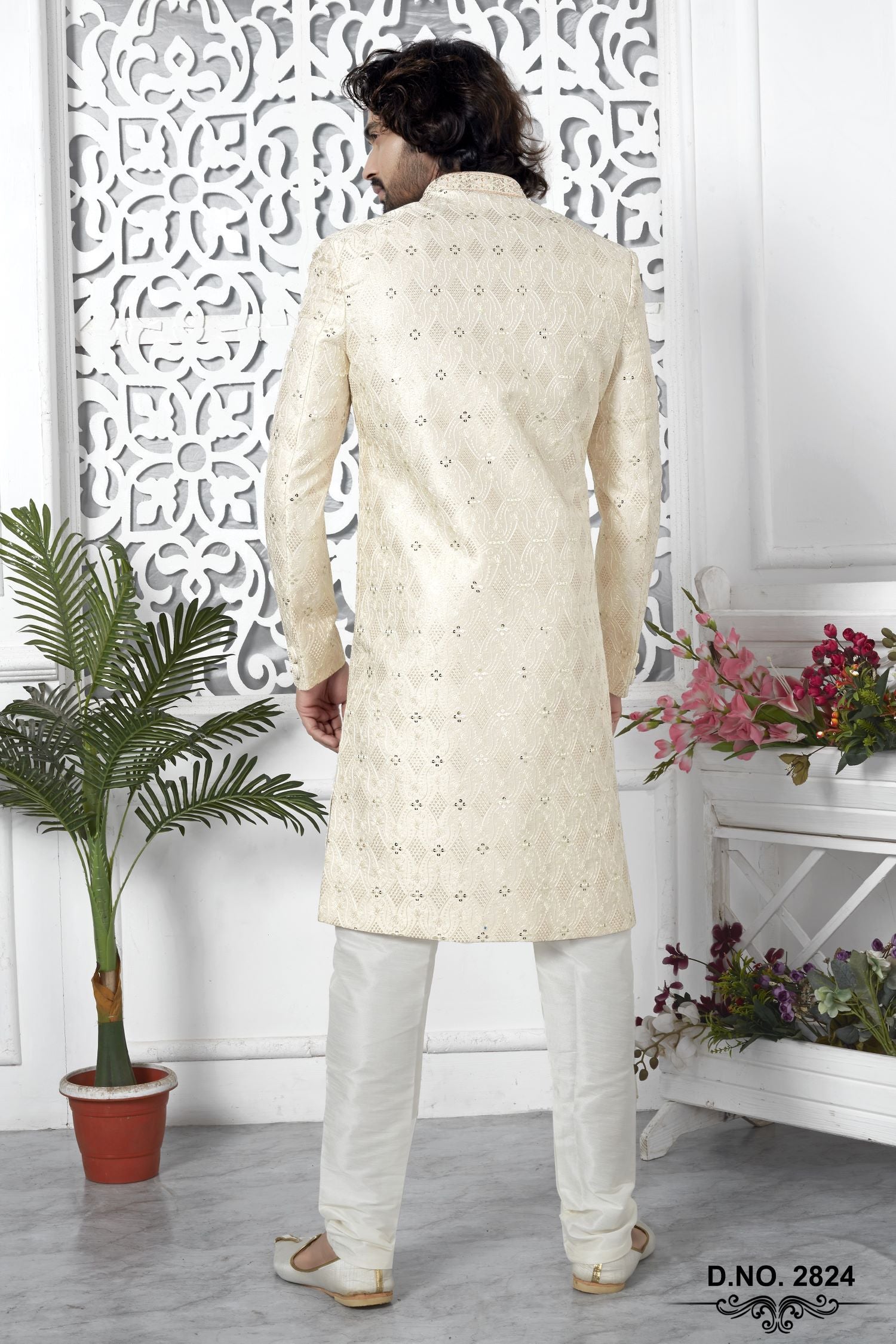 Beige Art Silk Sherwani for Men Wedding with Embroidery