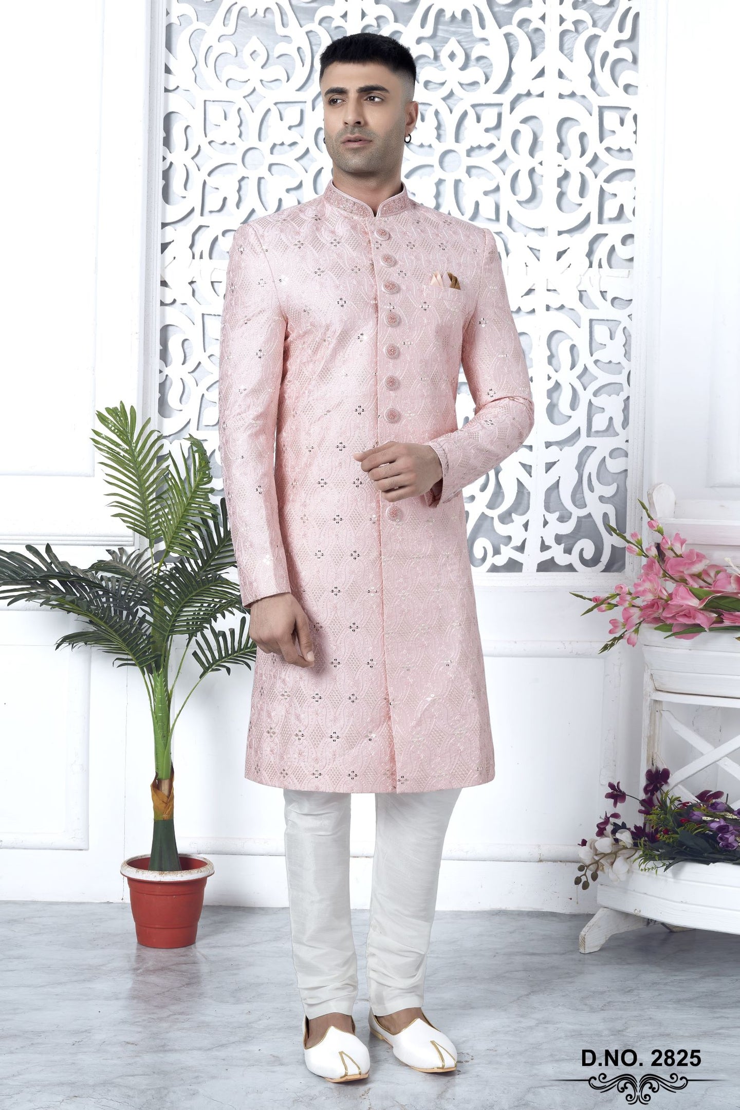 Golden Pink Art Silk Sherwani for Men Wedding with Embroidery Work