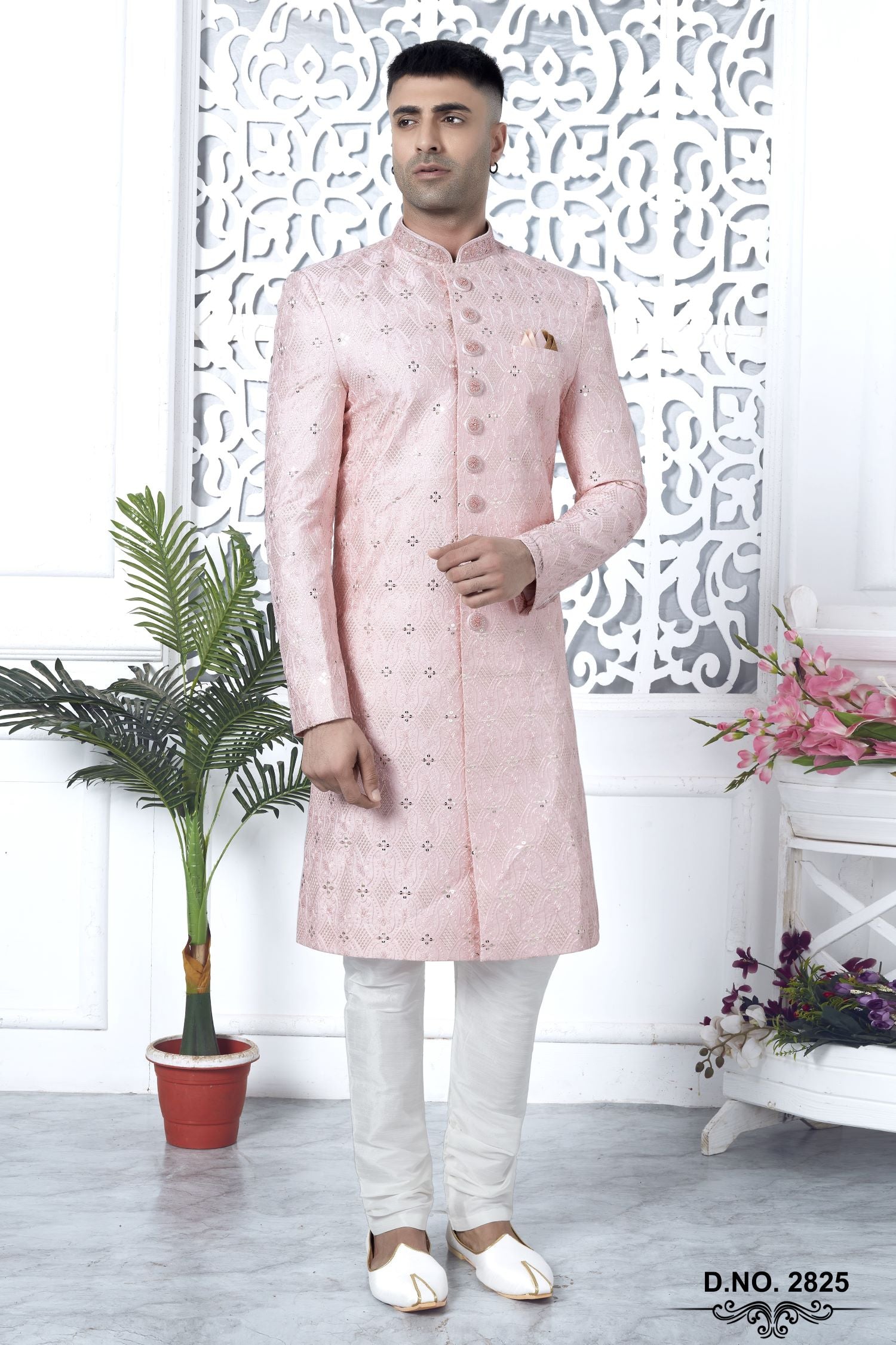 Golden Pink Art Silk Sherwani for Men Wedding with Embroidery Work