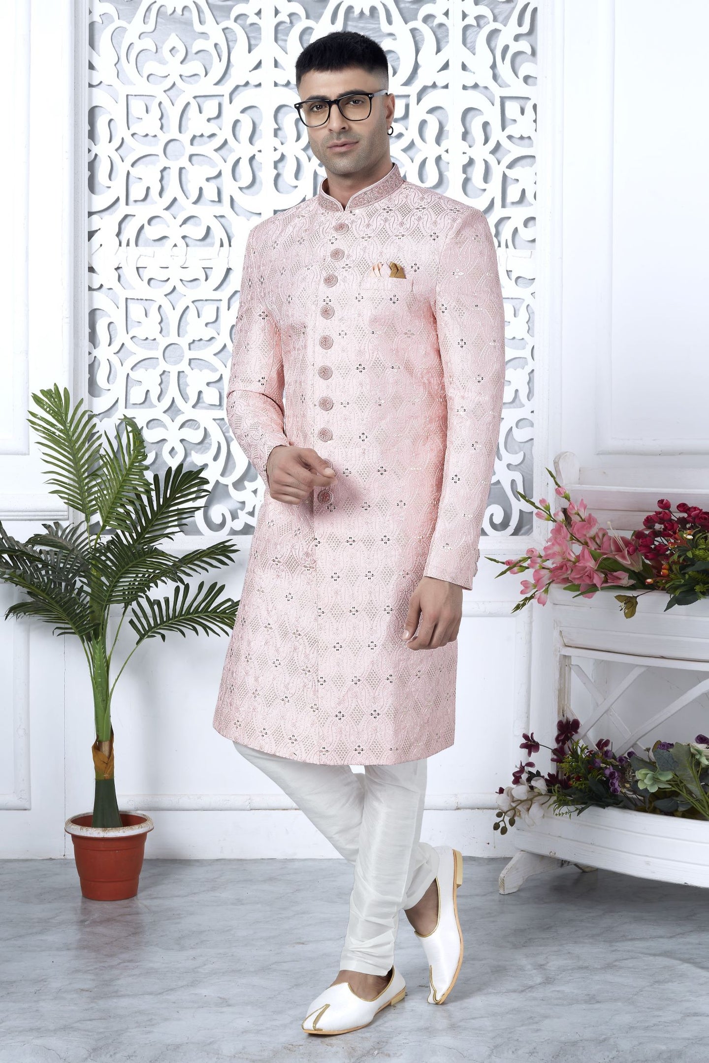 Golden Pink Art Silk Sherwani for Men Wedding with Embroidery Work