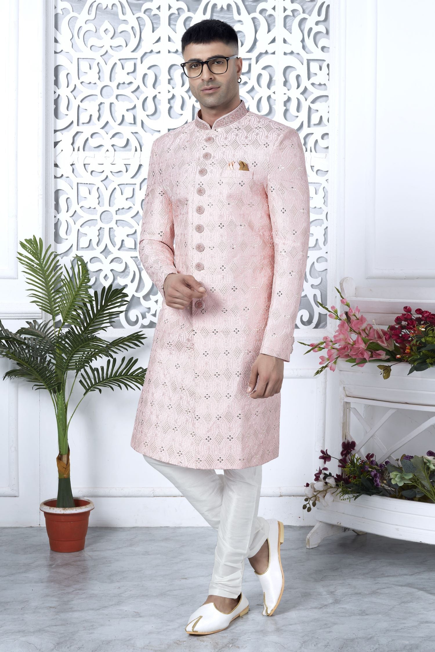 Golden Pink Art Silk Sherwani for Men Wedding with Embroidery Work