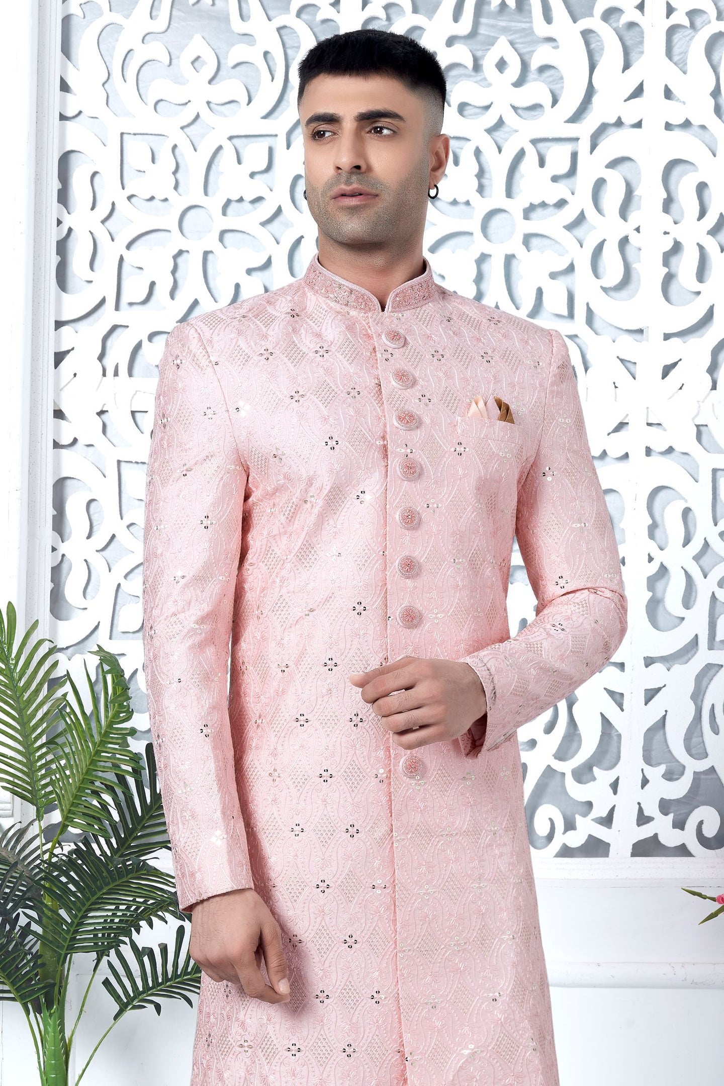 Golden Pink Art Silk Sherwani for Men Wedding with Embroidery Work