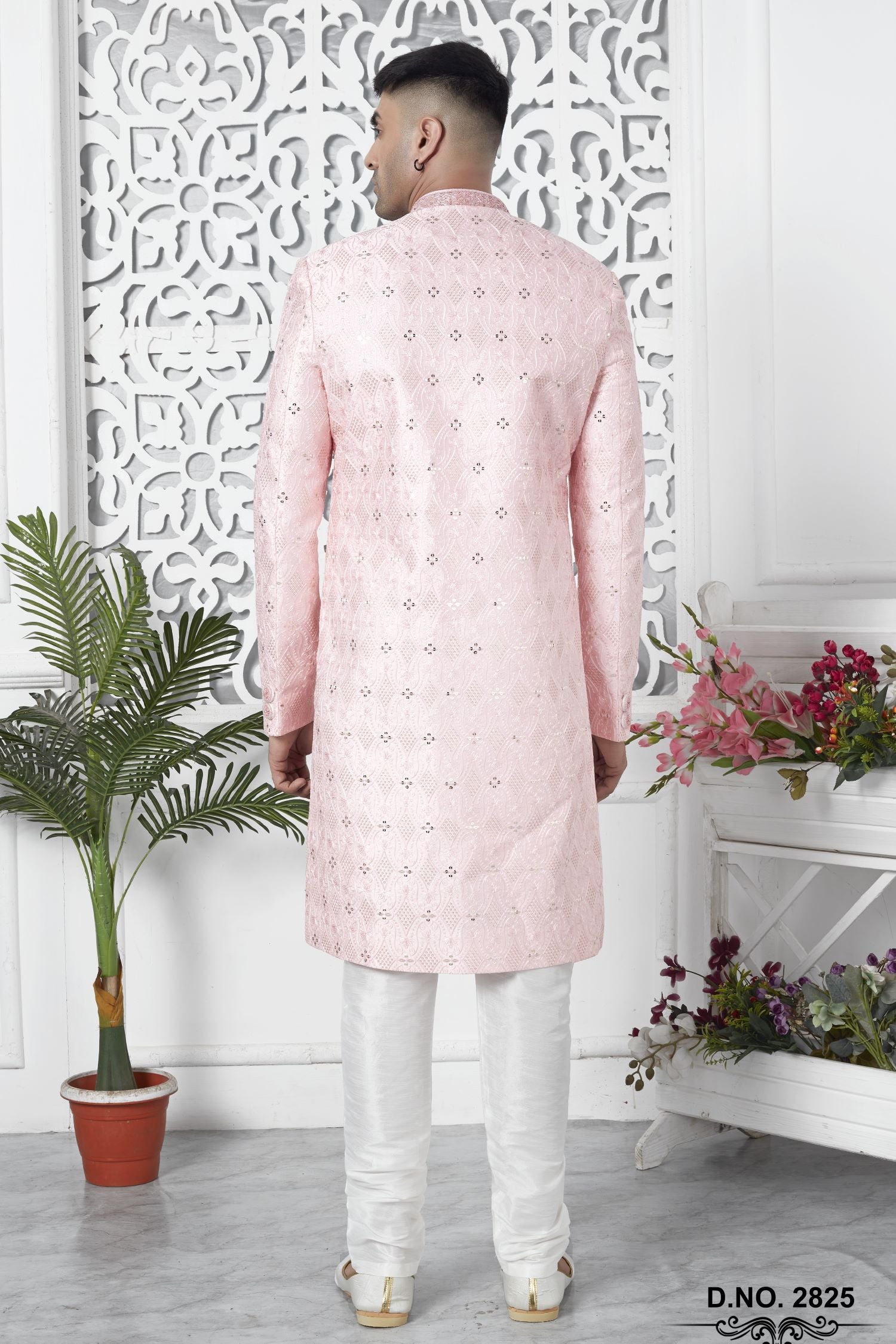 Golden Pink Art Silk Sherwani for Men Wedding with Embroidery Work
