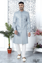 Bluish Gray Art Silk Sherwani for Men Wedding