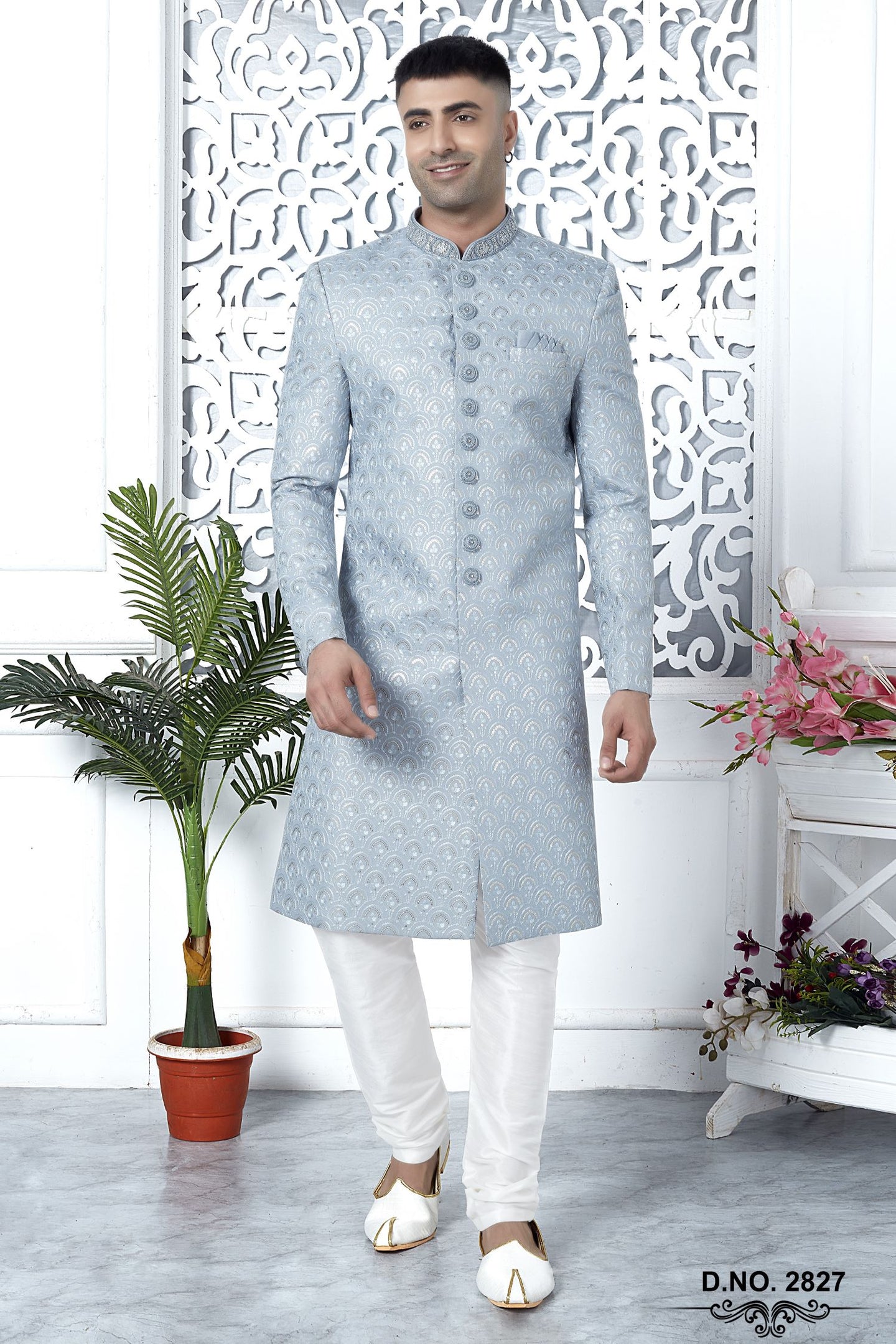 Bluish Gray Art Silk Sherwani for Men Wedding