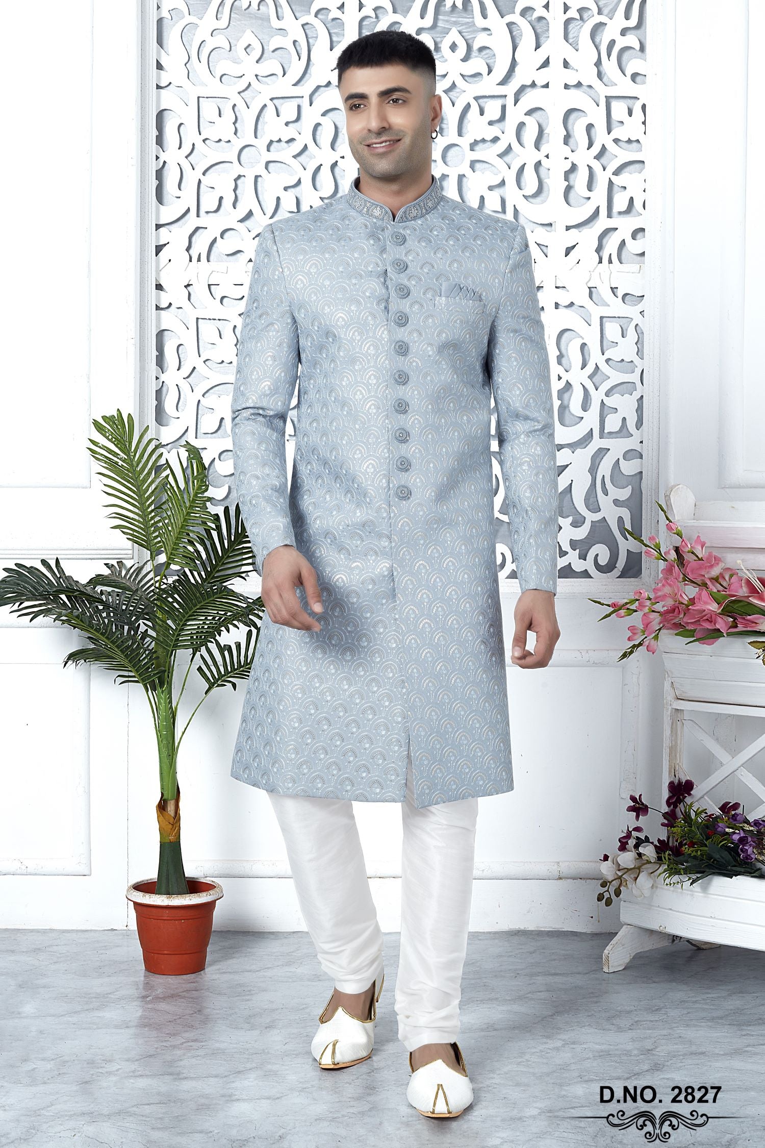 Bluish Gray Art Silk Sherwani for Men Wedding