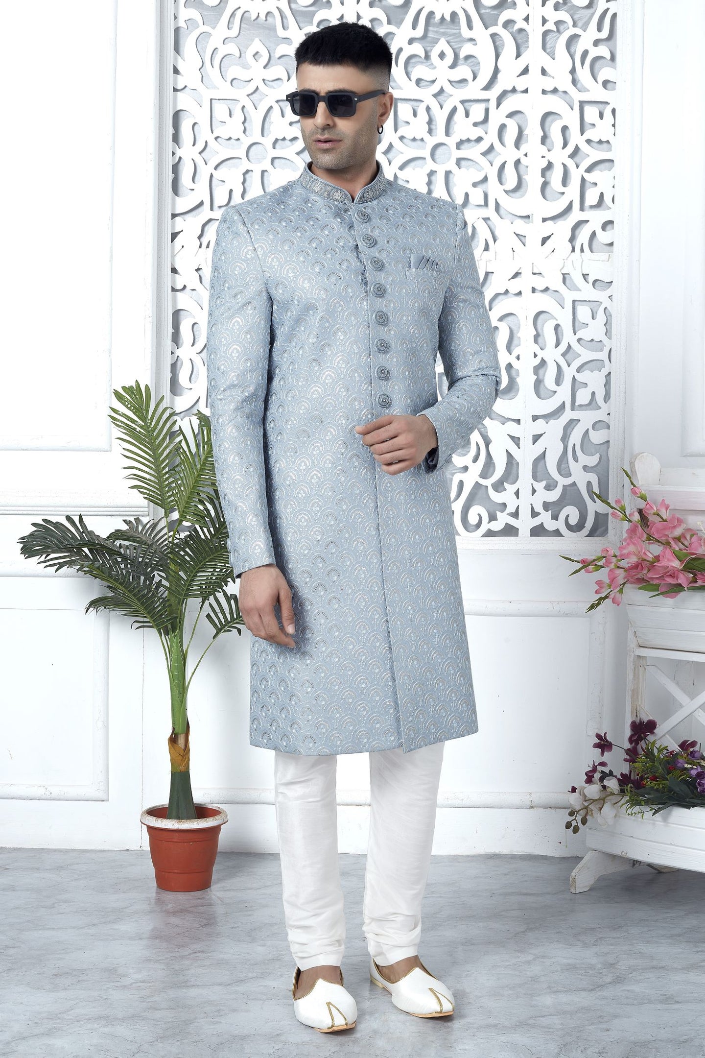 Bluish Gray Art Silk Sherwani for Men Wedding