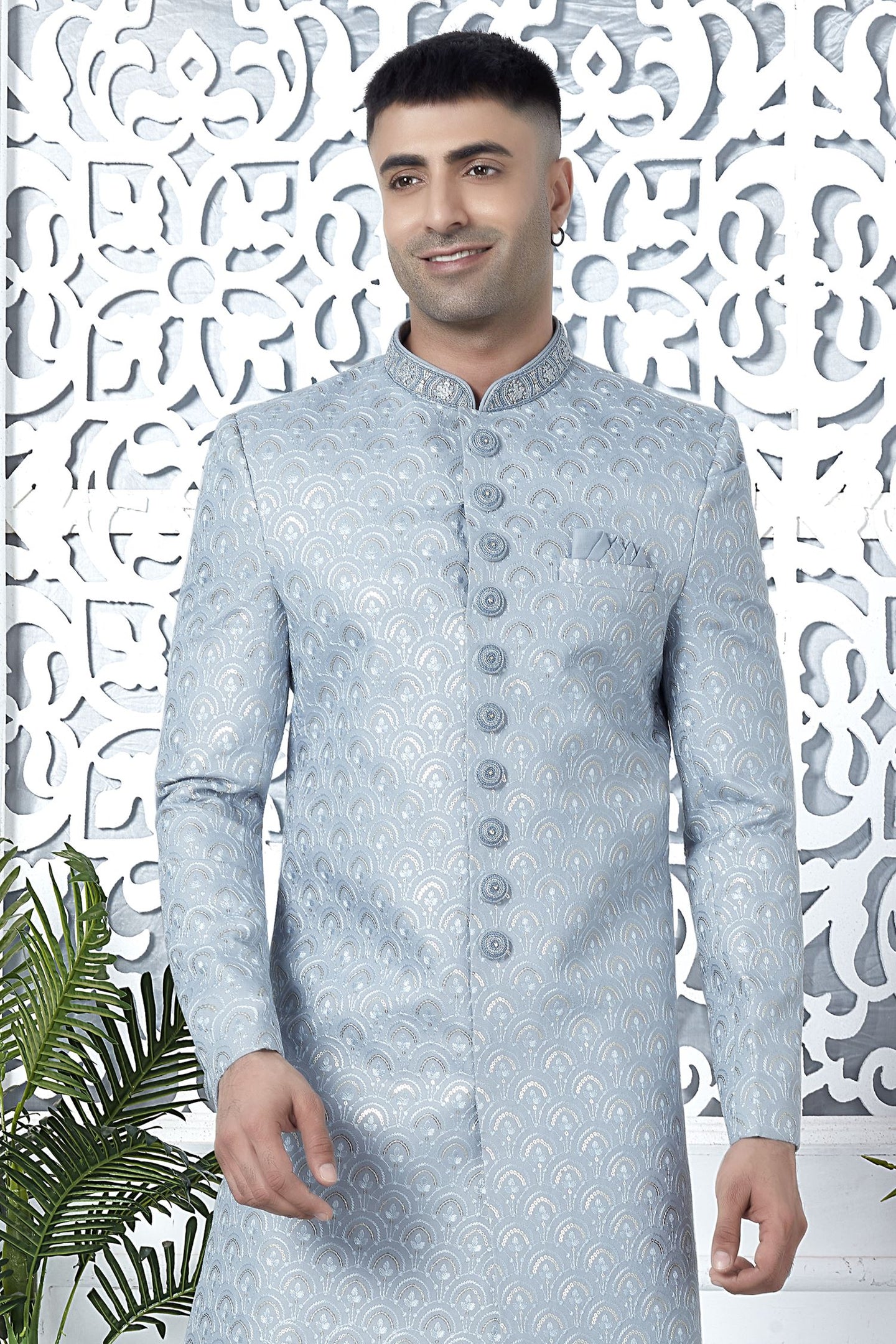 Bluish Gray Art Silk Sherwani for Men Wedding