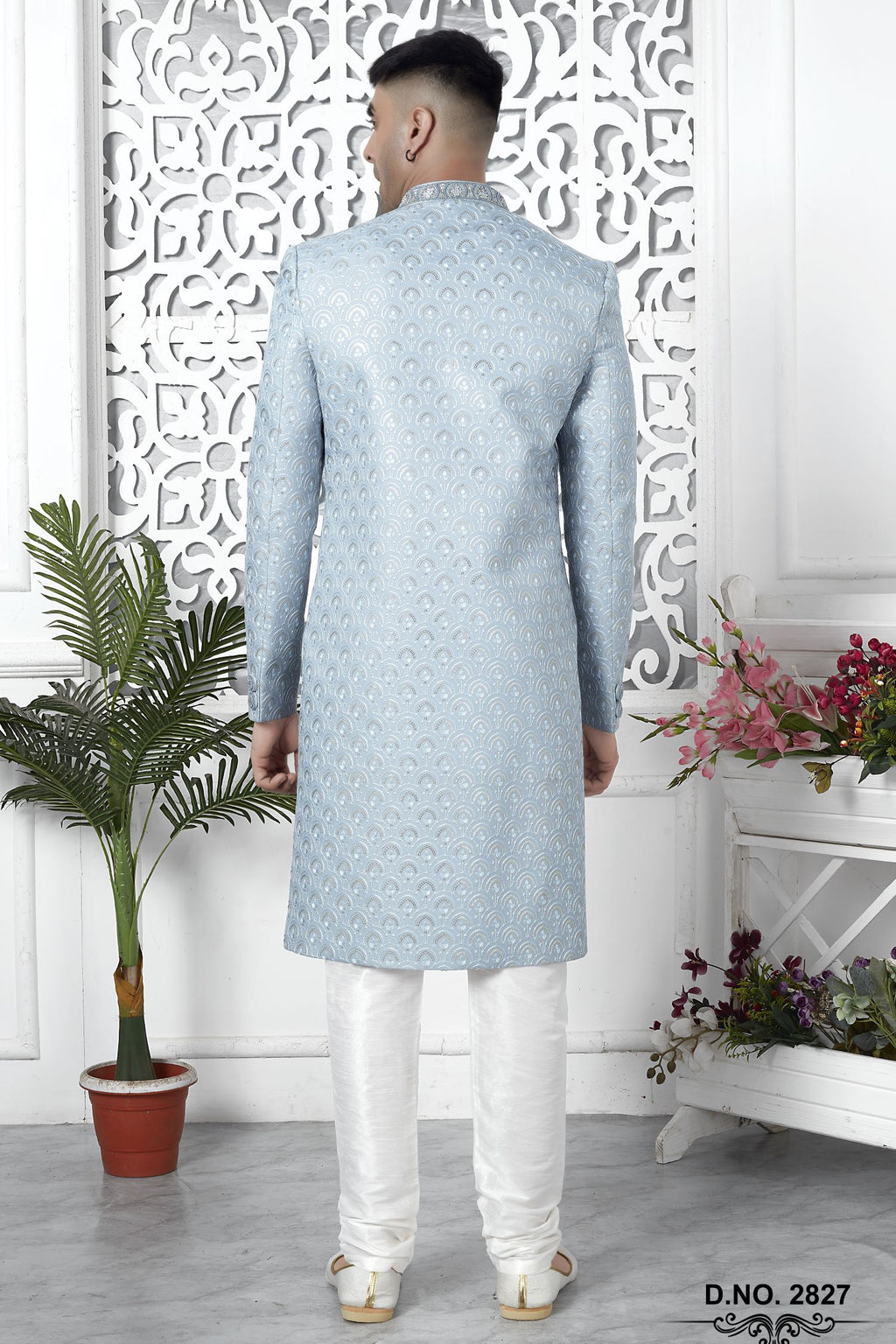 Bluish Gray Art Silk Sherwani for Men Wedding