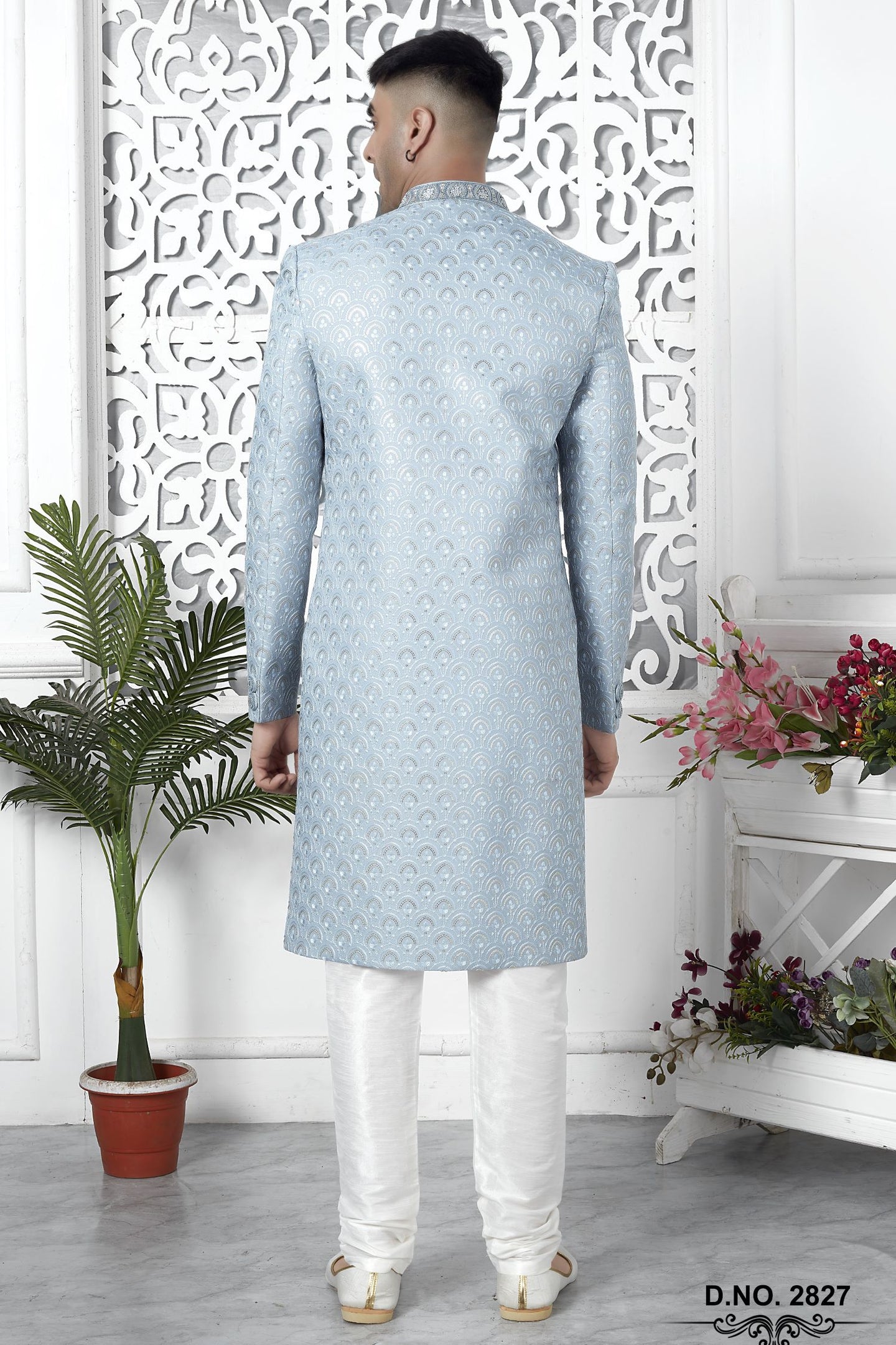 Bluish Gray Art Silk Sherwani for Men Wedding