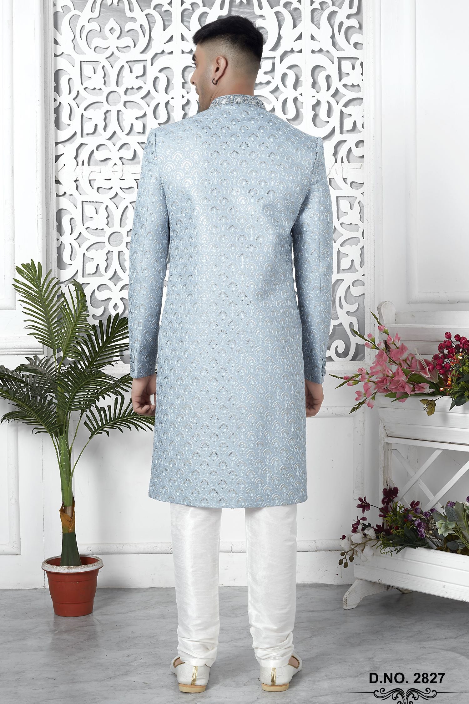Bluish Gray Art Silk Sherwani for Men Wedding