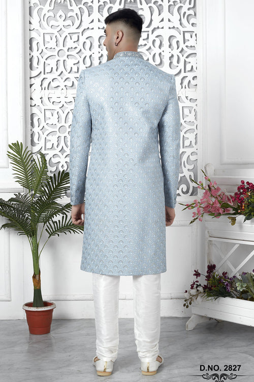 Bluish Gray Art Silk Sherwani for Men Wedding