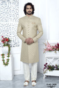 Yellow Beige Art Silk Sherwani for Men Wedding with Embroidery