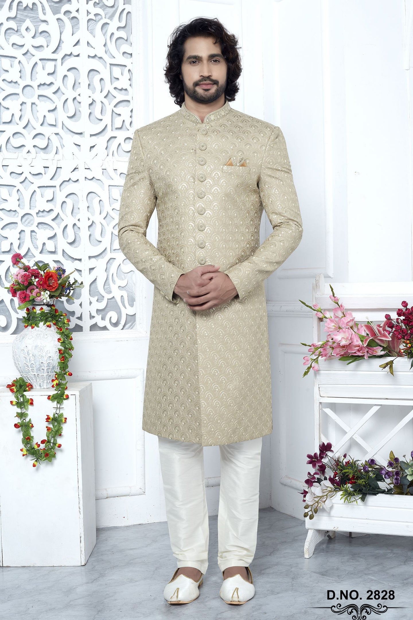 Yellow Beige Art Silk Sherwani for Men Wedding with Embroidery