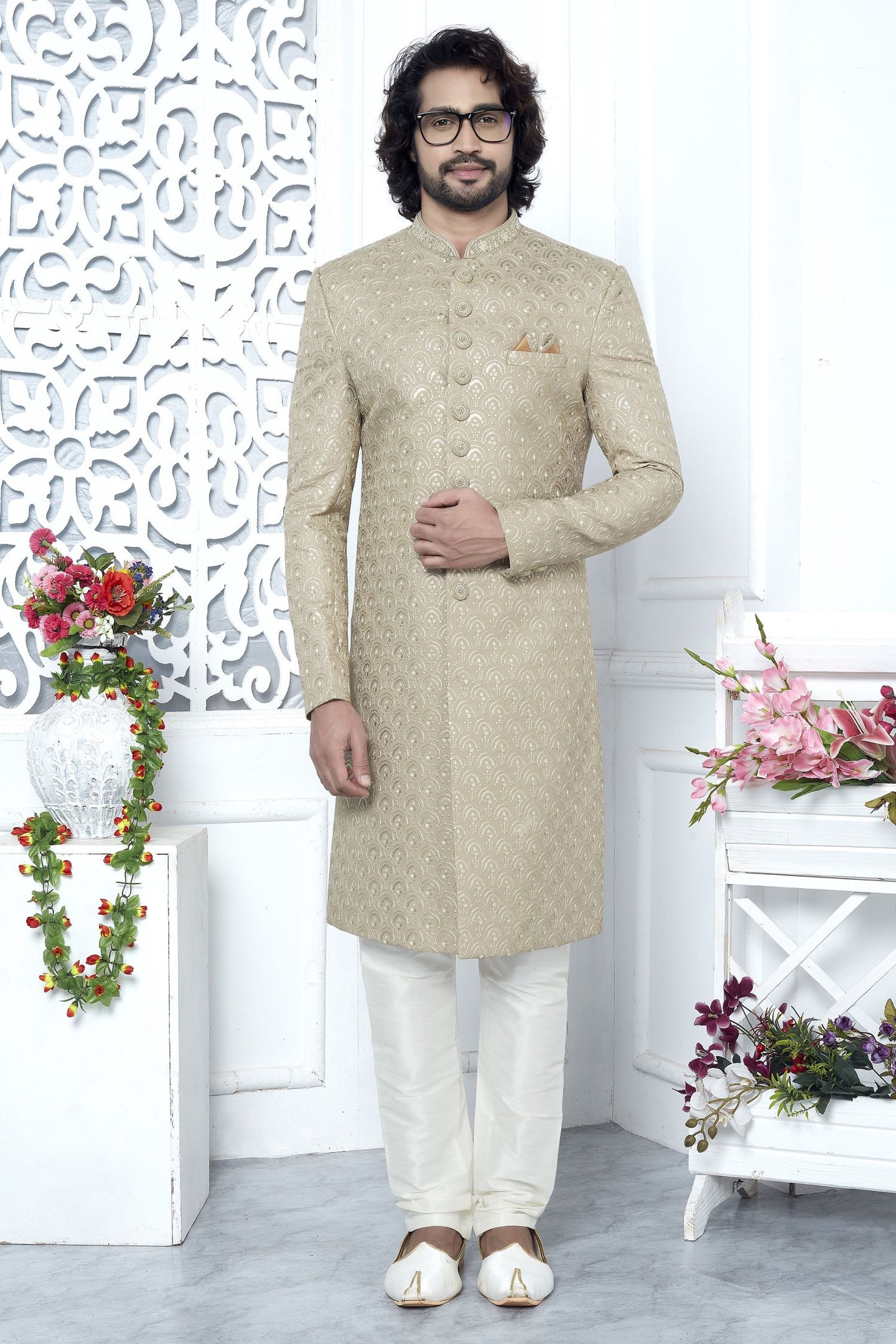 Yellow Beige Art Silk Sherwani for Men Wedding with Embroidery