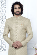 Yellow Beige Art Silk Sherwani for Men Wedding with Embroidery