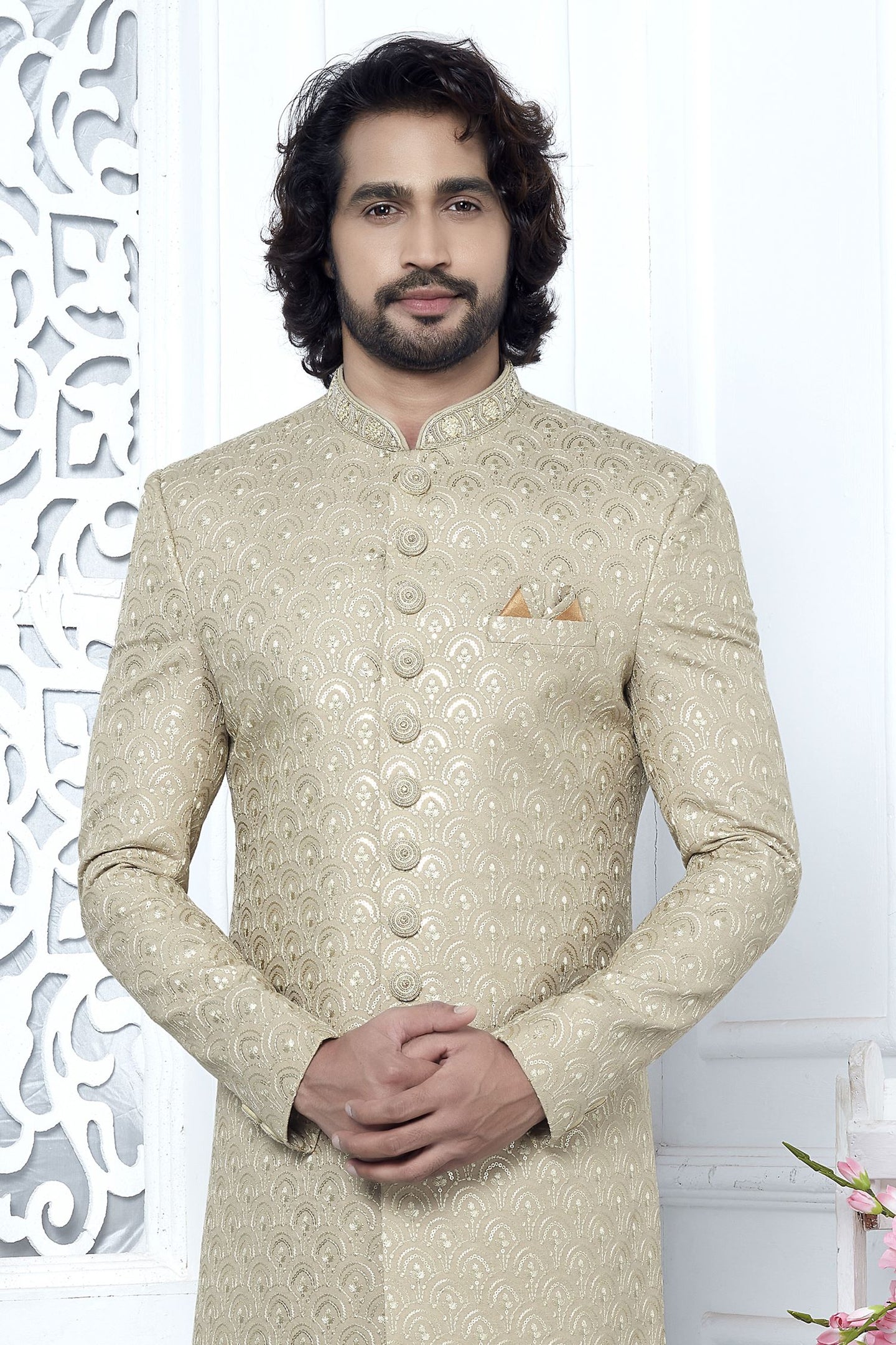 Yellow Beige Art Silk Sherwani for Men Wedding with Embroidery