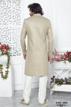 Yellow Beige Art Silk Sherwani for Men Wedding with Embroidery