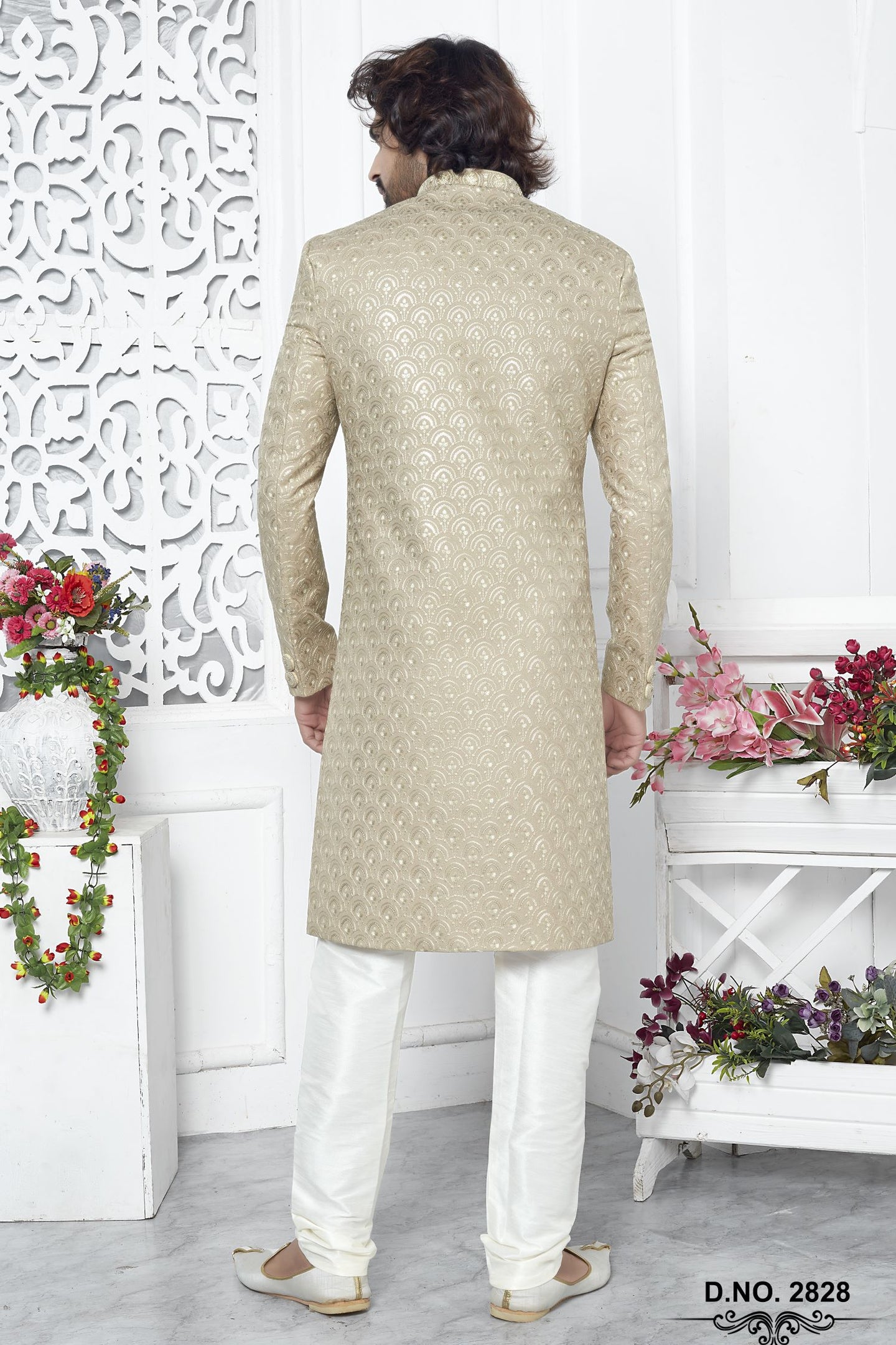 Yellow Beige Art Silk Sherwani for Men Wedding with Embroidery