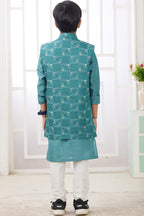 Teal Art Silk 3 Piece Kids Wear Boys Suit Kurta Pajama with Waistcoat Nehru Jacket for Kids for Festivals & Wedding - Embroidery Work