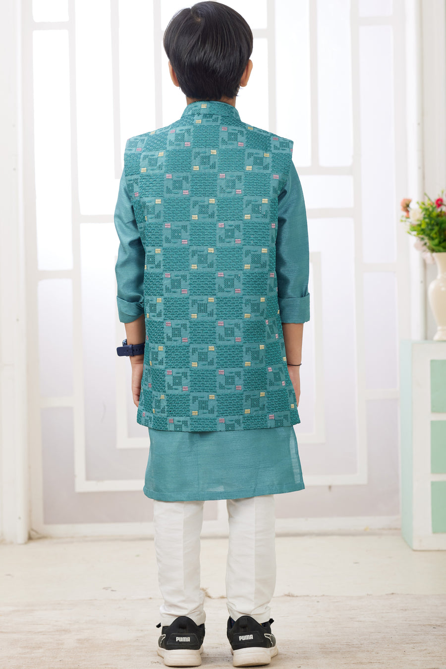 Teal Art Silk 3 Piece Kids Wear Boys Suit Kurta Pajama with Waistcoat Nehru Jacket for Kids for Festivals & Wedding - Embroidery Work