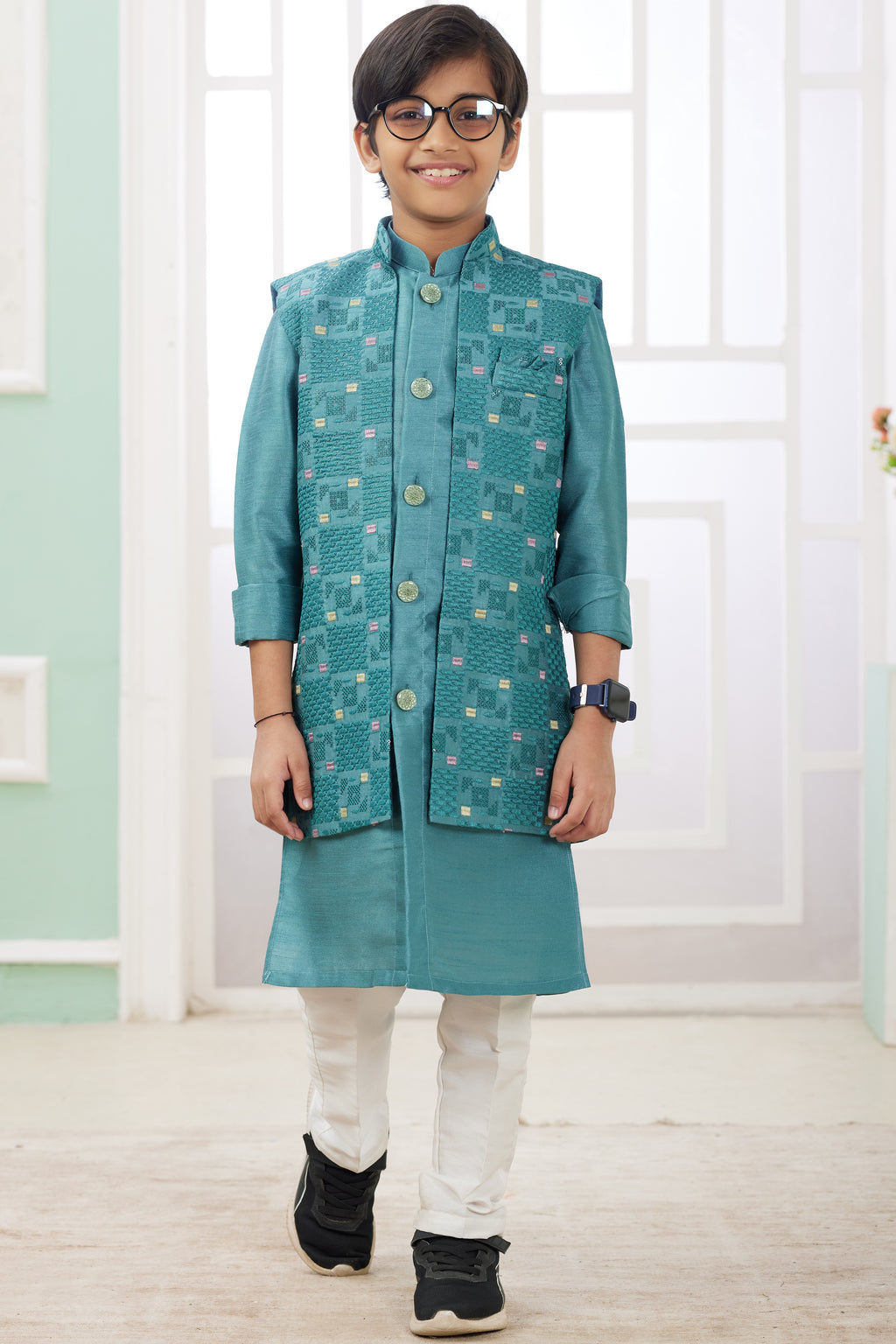 Teal Art Silk 3 Piece Kids Wear Boys Suit Kurta Pajama with Waistcoat Nehru Jacket for Kids for Festivals & Wedding - Embroidery Work