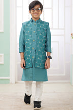 Teal Art Silk 3 Piece Kids Wear Boys Suit Kurta Pajama with Waistcoat Nehru Jacket for Kids for Festivals & Wedding - Embroidery Work