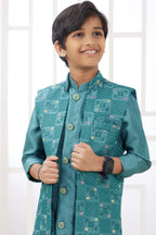 Teal Art Silk 3 Piece Kids Wear Boys Suit Kurta Pajama with Waistcoat Nehru Jacket for Kids for Festivals & Wedding - Embroidery Work