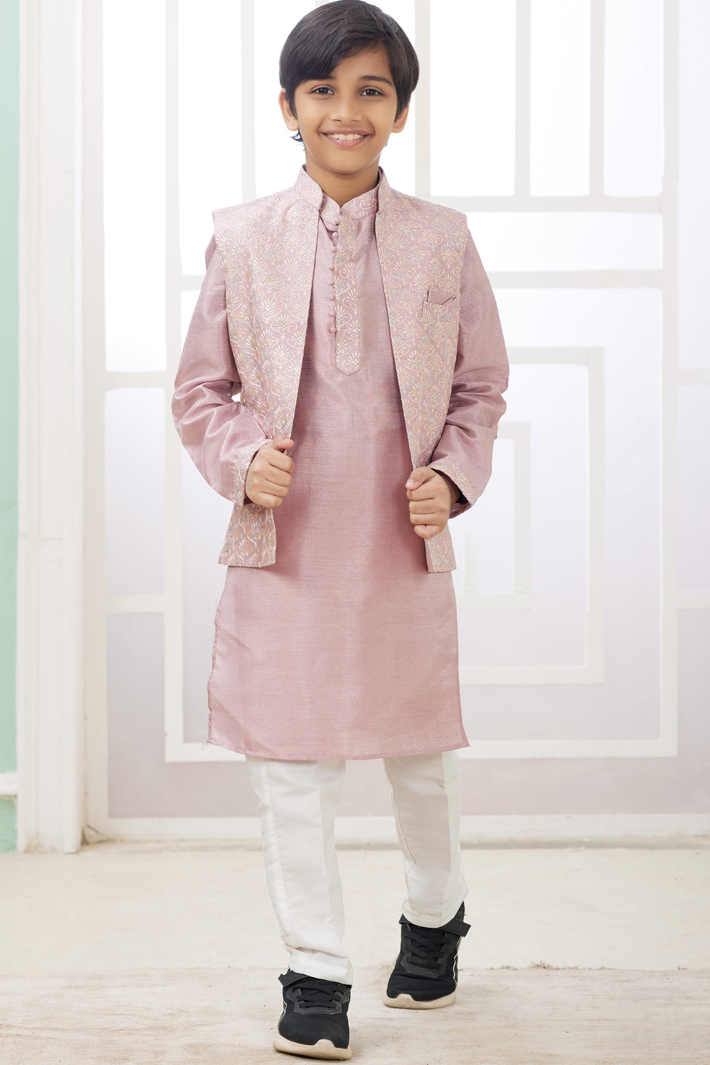 Rose Gold Art Silk 3 Piece Kids Wear Boys Suit Kurta Pajama with Waistcoat Nehru Jacket for Kids for Festivals & Wedding - Embroidery Work