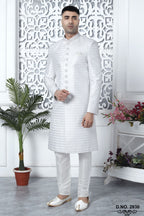 White Art Silk Sherwani Mens Kurta for Wedding & Pajama with Embroidery
