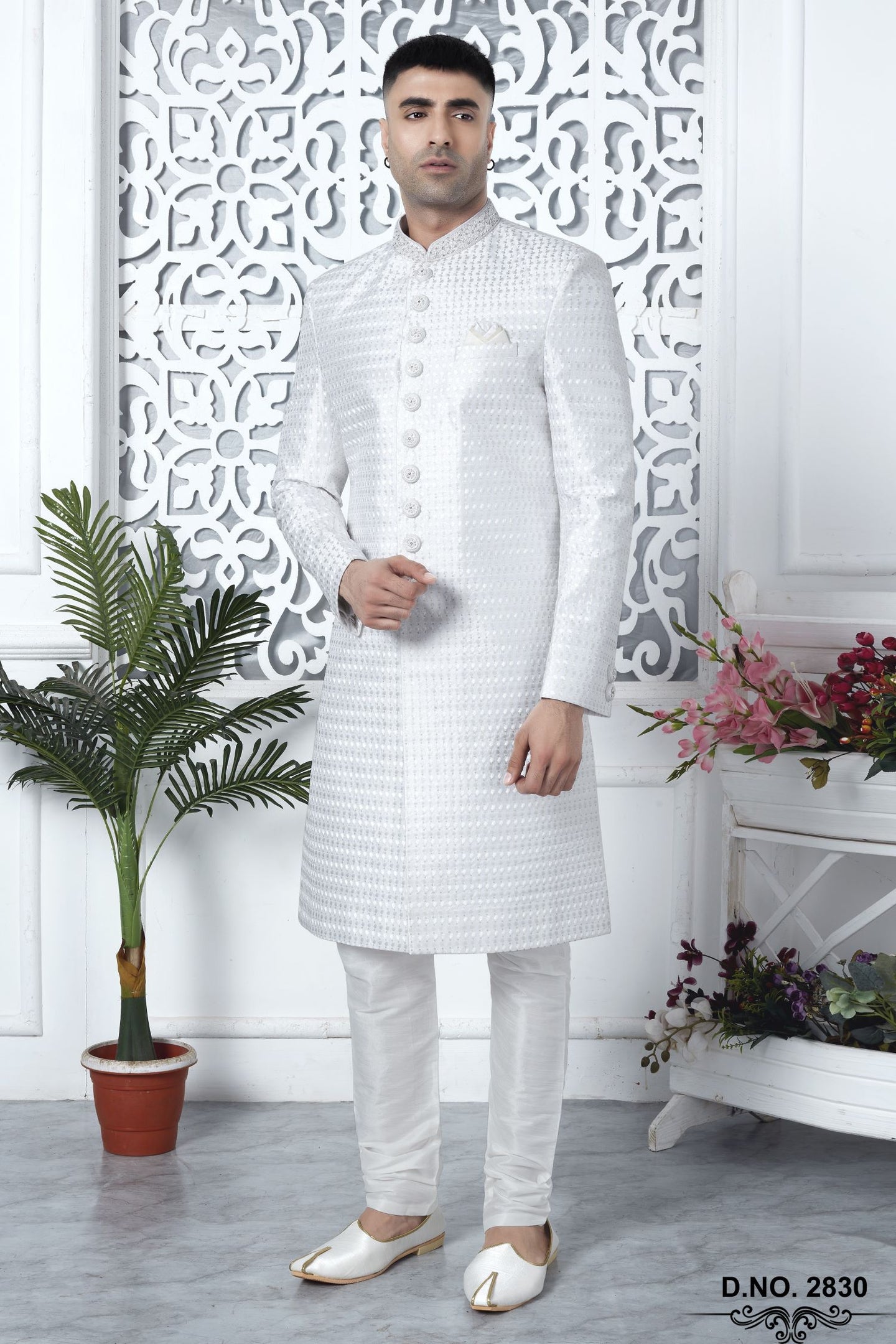 White Art Silk Sherwani Mens Kurta for Wedding & Pajama with Embroidery