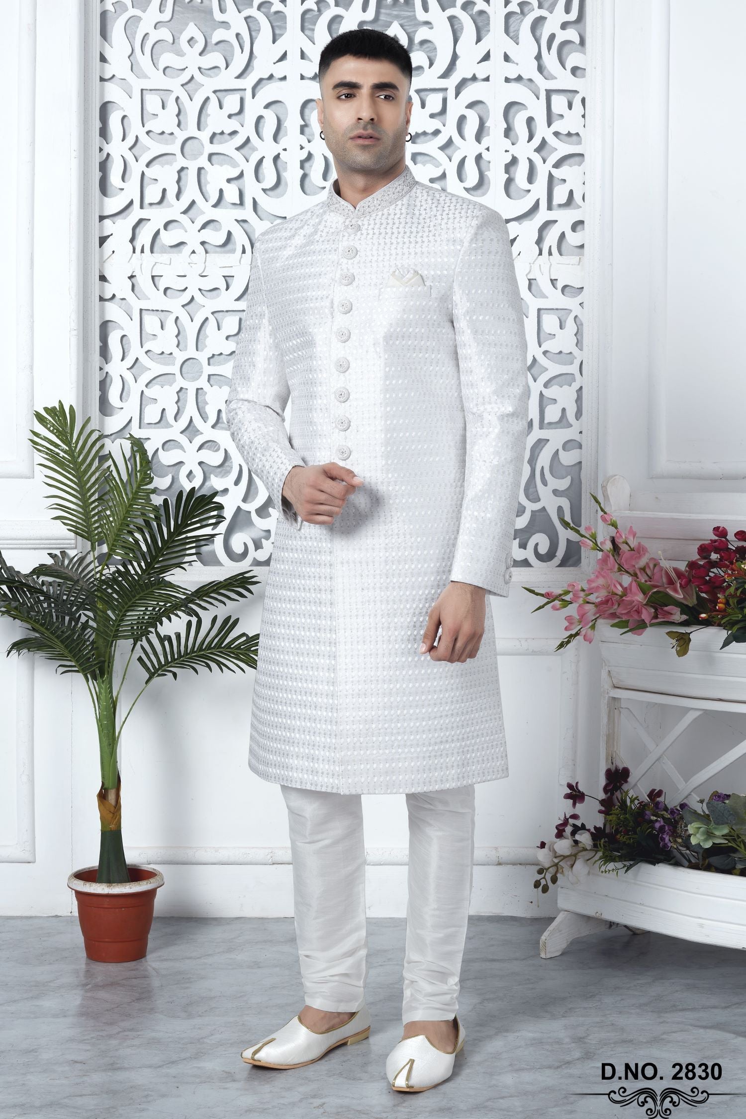 White Art Silk Sherwani Mens Kurta for Wedding & Pajama with Embroidery