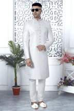 White Art Silk Sherwani Mens Kurta for Wedding & Pajama with Embroidery