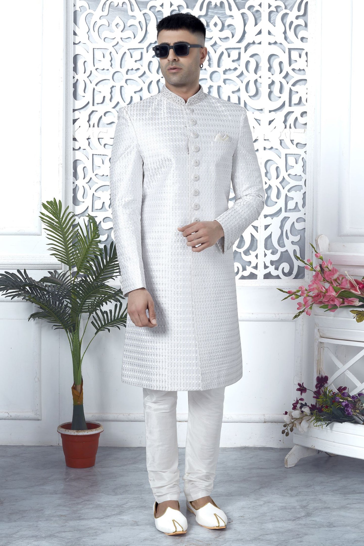 White Art Silk Sherwani Mens Kurta for Wedding & Pajama with Embroidery