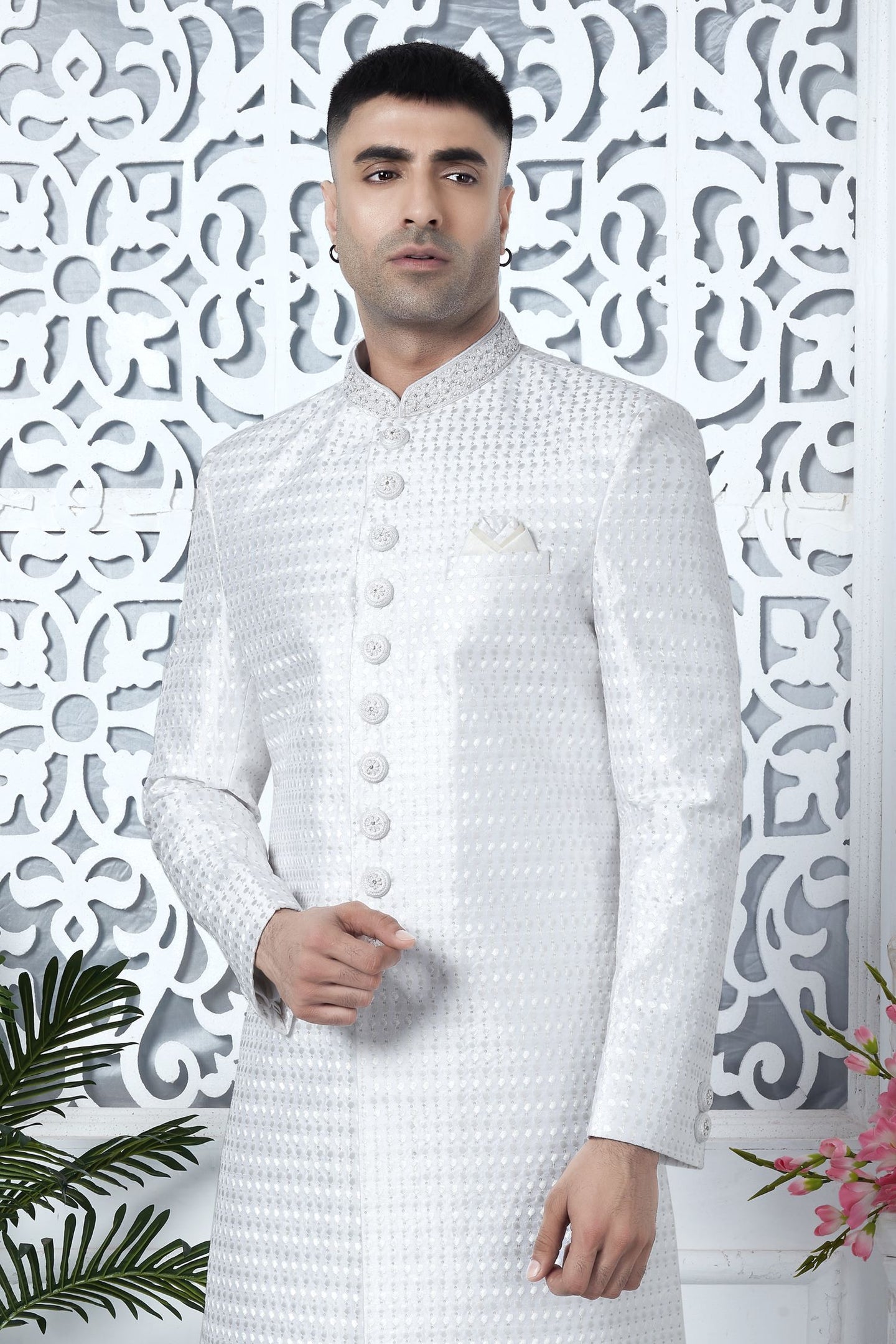 White Art Silk Sherwani Mens Kurta for Wedding & Pajama with Embroidery