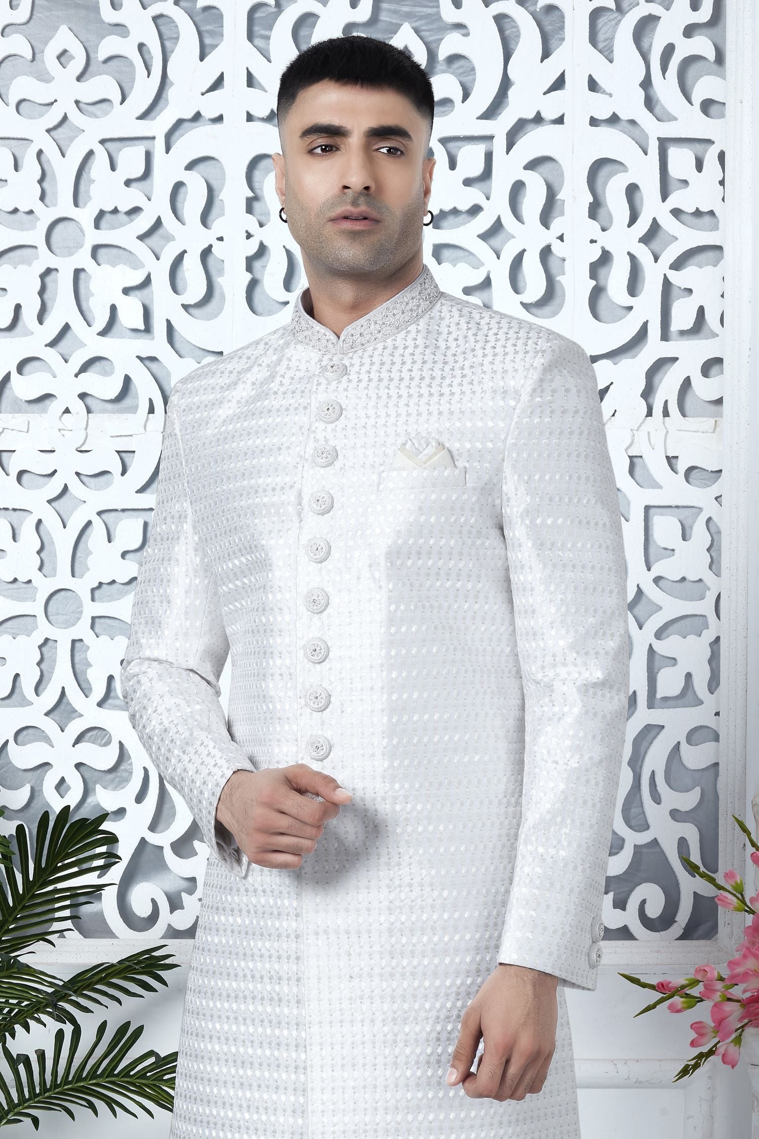 White Art Silk Sherwani Mens Kurta for Wedding & Pajama with Embroidery