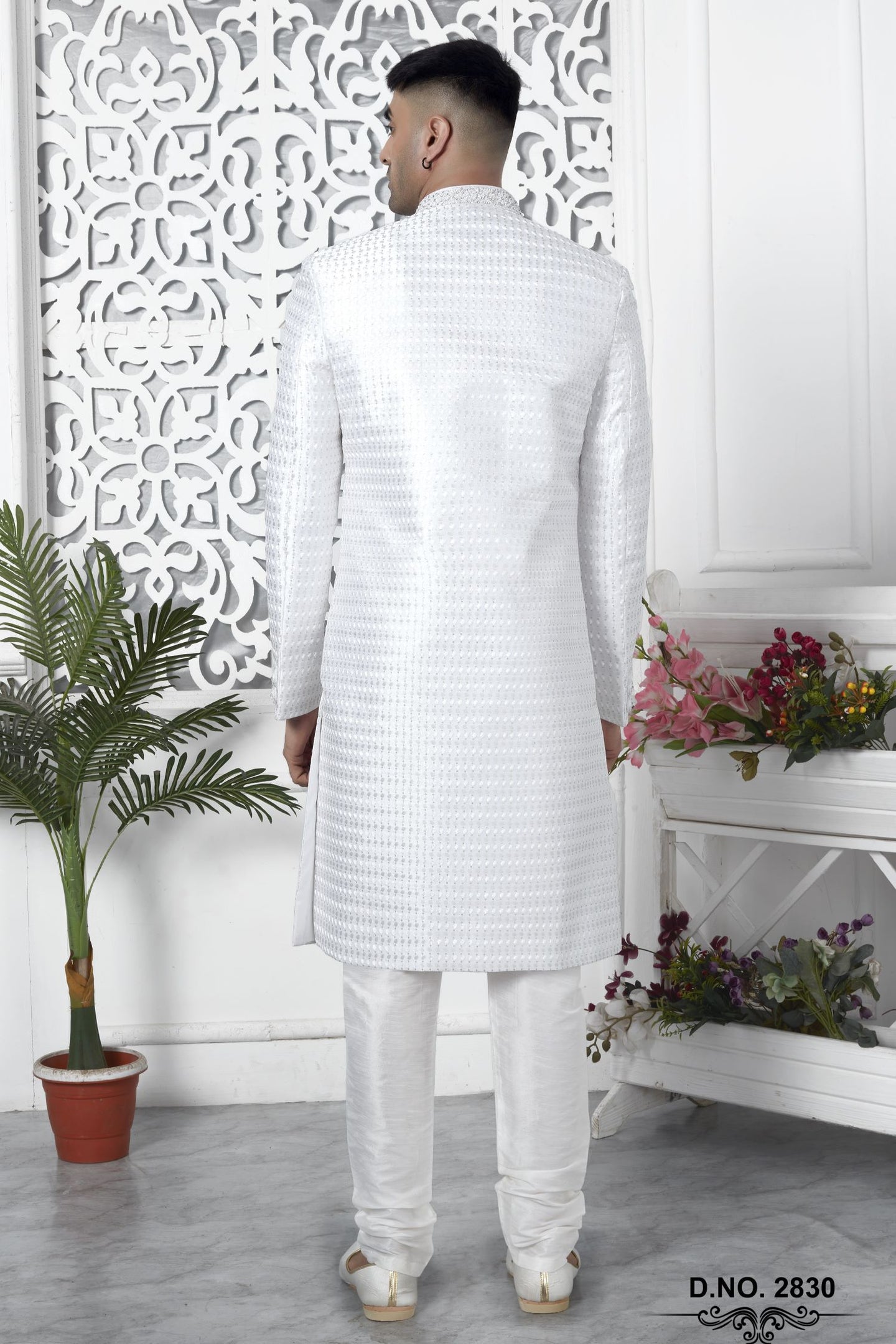 White Art Silk Sherwani Mens Kurta for Wedding & Pajama with Embroidery