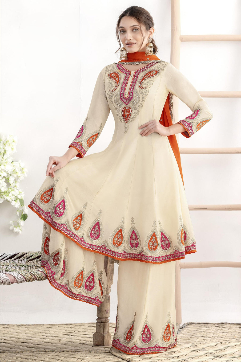 Cream Chinon Silk Plazo Suit For Indian & Pakistani Wedding Festival - Swarovski Work, Dabka Work, Thread Embroidery Work
