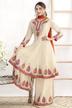 Cream Chinon Silk Plazo Suit For Indian & Pakistani Wedding Festival - Swarovski Work, Dabka Work, Thread Embroidery Work