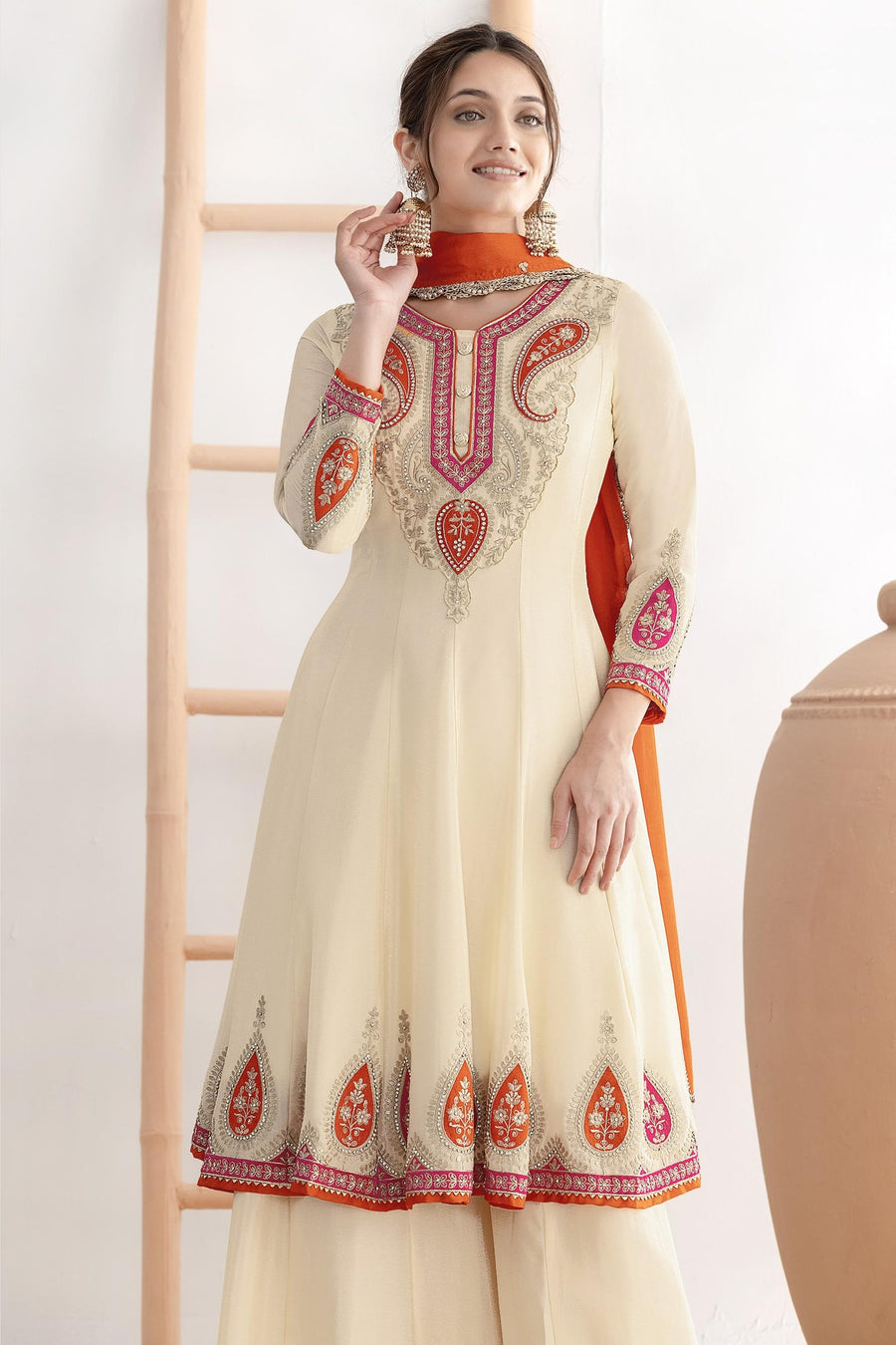 Cream Chinon Silk Plazo Suit For Indian & Pakistani Wedding Festival - Swarovski Work, Dabka Work, Thread Embroidery Work