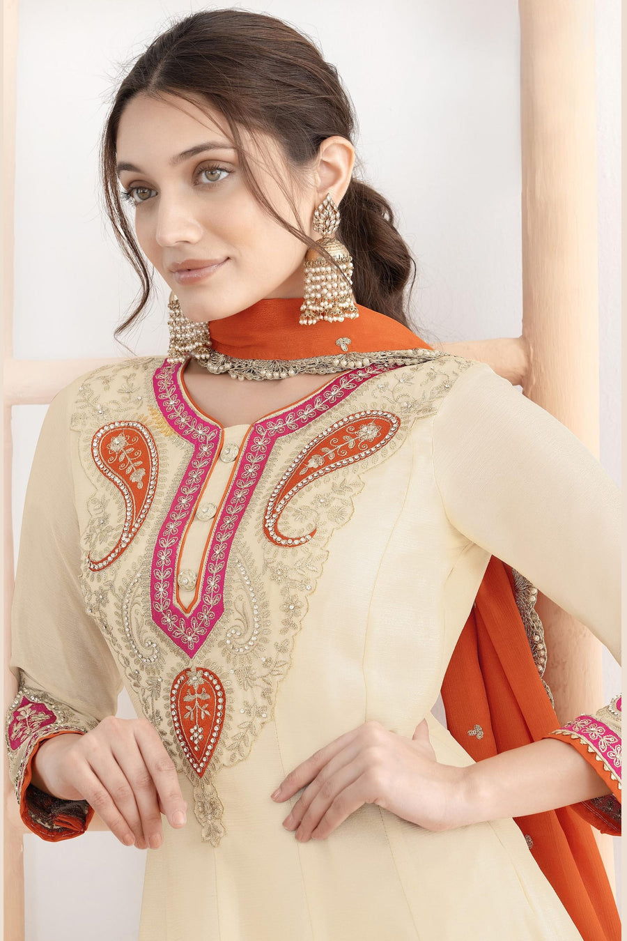 Cream Chinon Silk Plazo Suit For Indian & Pakistani Wedding Festival - Swarovski Work, Dabka Work, Thread Embroidery Work